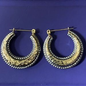 Beautiful Unique Solid 2-tone 14k gold textured hoop earrings. Preowned